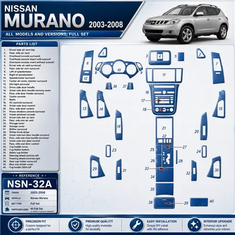 Nissan Murano 2003-2008 Full Set interieur dashboard decoratieset dashboard decor