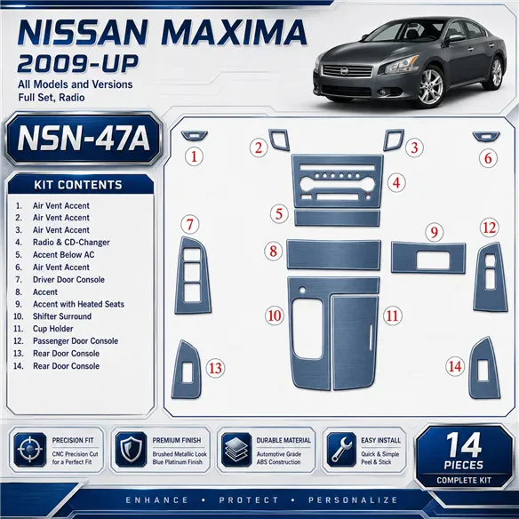 Nissan Maxima 2009-UP Full Set, Radio Interior Dashboard Trim Kit Dash Trim Dekor