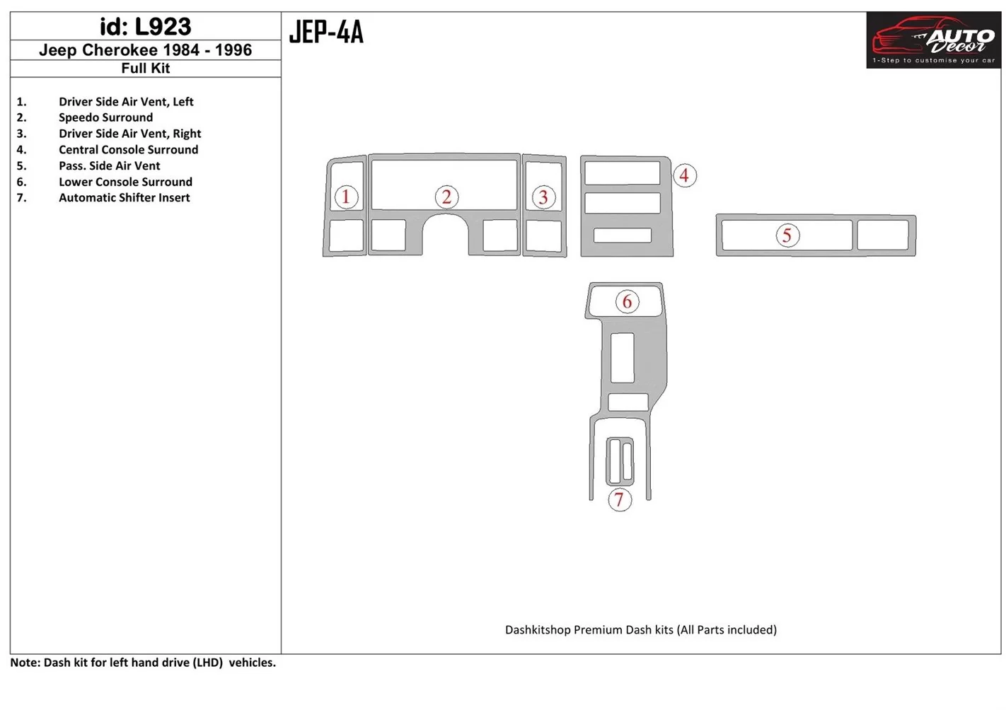 Jeep Cherokee 1984-1996 Voll Satz BD innenausstattung armaturendekor cockpit dekor - 1- Cockpit Dekor Innenraum