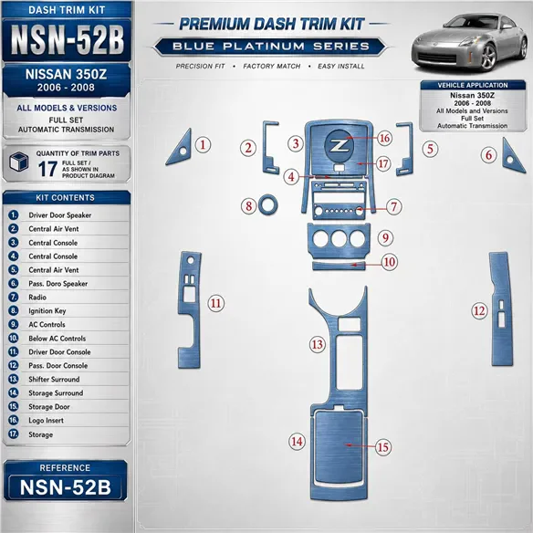 Nissan Z350 2006-2008 Full Set, Automatic Gear Interior Dashboard Trim Kit Dash Trim Dekor