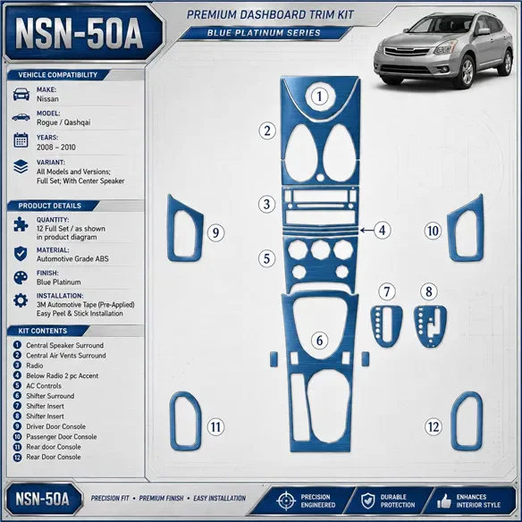 Nissan Rogue 2008-2010 Full Set, With Center Speaker Interior Dashboard Trim Kit Dash Trim Dekor