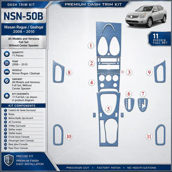 Nissan Roque 2008-2010 Full Set, Without Center Speaker Interior Dashboard Trim Kit Dash Trim Dekor