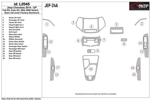 Jeep Cherokee 2014-UP Full Set, Climate-Control BD Interieur Dashboard Bekleding Volhouder