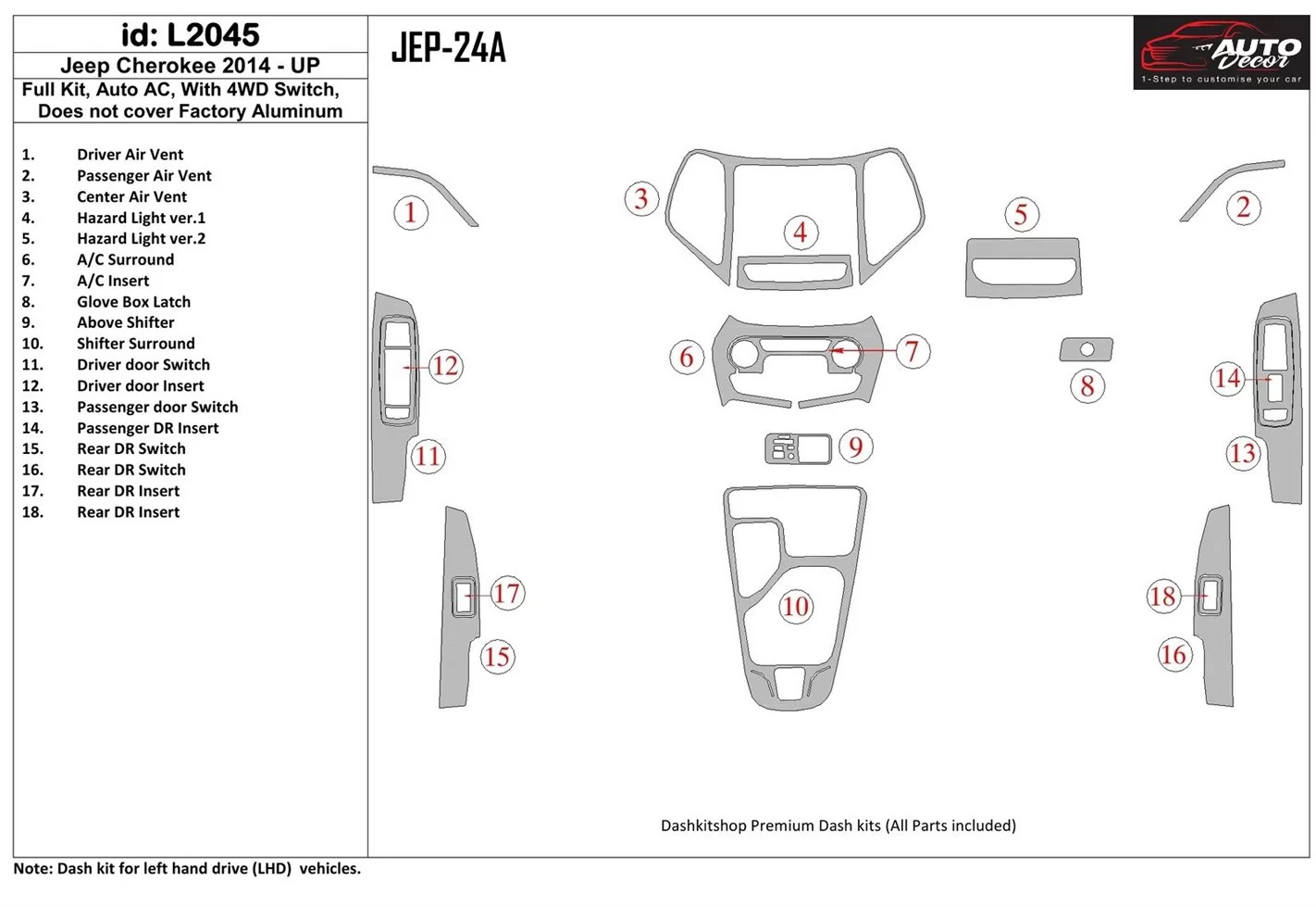 Jeep Cherokee 2014-UP Full Set, Climate-Control BD Interieur Dashboard Bekleding Volhouder