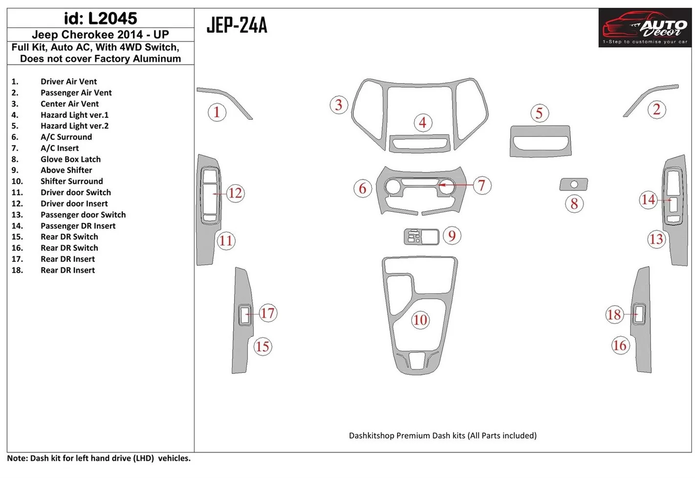 Jeep Cherokee 2014-UP Full Set, Climate-Control Cruscotto BD Rivestimenti interni