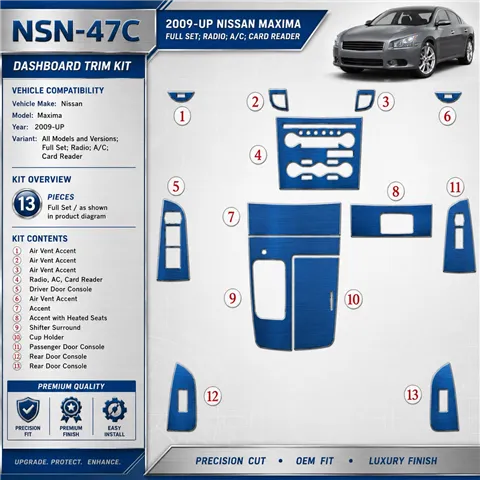 Nissan Maxima 2009-in poi set completo; Radio; A / C; Card Reader kit rivestimento cruscotto e interni 3D