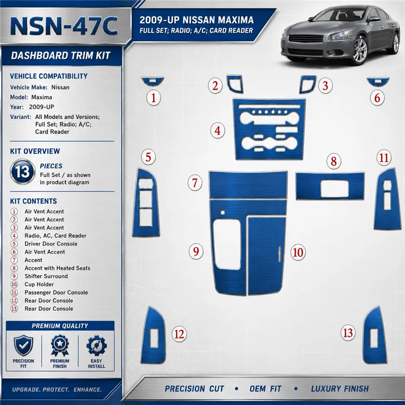 Nissan Maxima 2009-UP Full Set, Radio, A/C, Card Reader Interior Dashboard Trim Kit Dash Trim Dekor