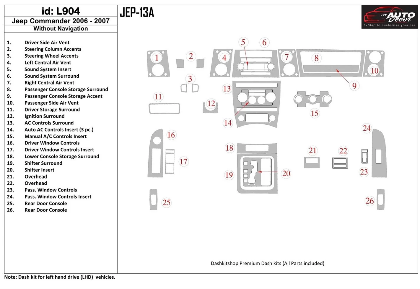 Jeep Commander 2006-2007 Without NAVI Interior BD Dash Trim Kit