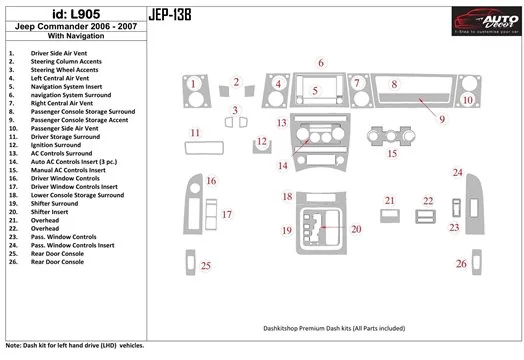 Jeep Commander 2006-2007 Avec NAVI BD Kit la décoration du tableau de bord - 1 - habillage decor de tableau de bord