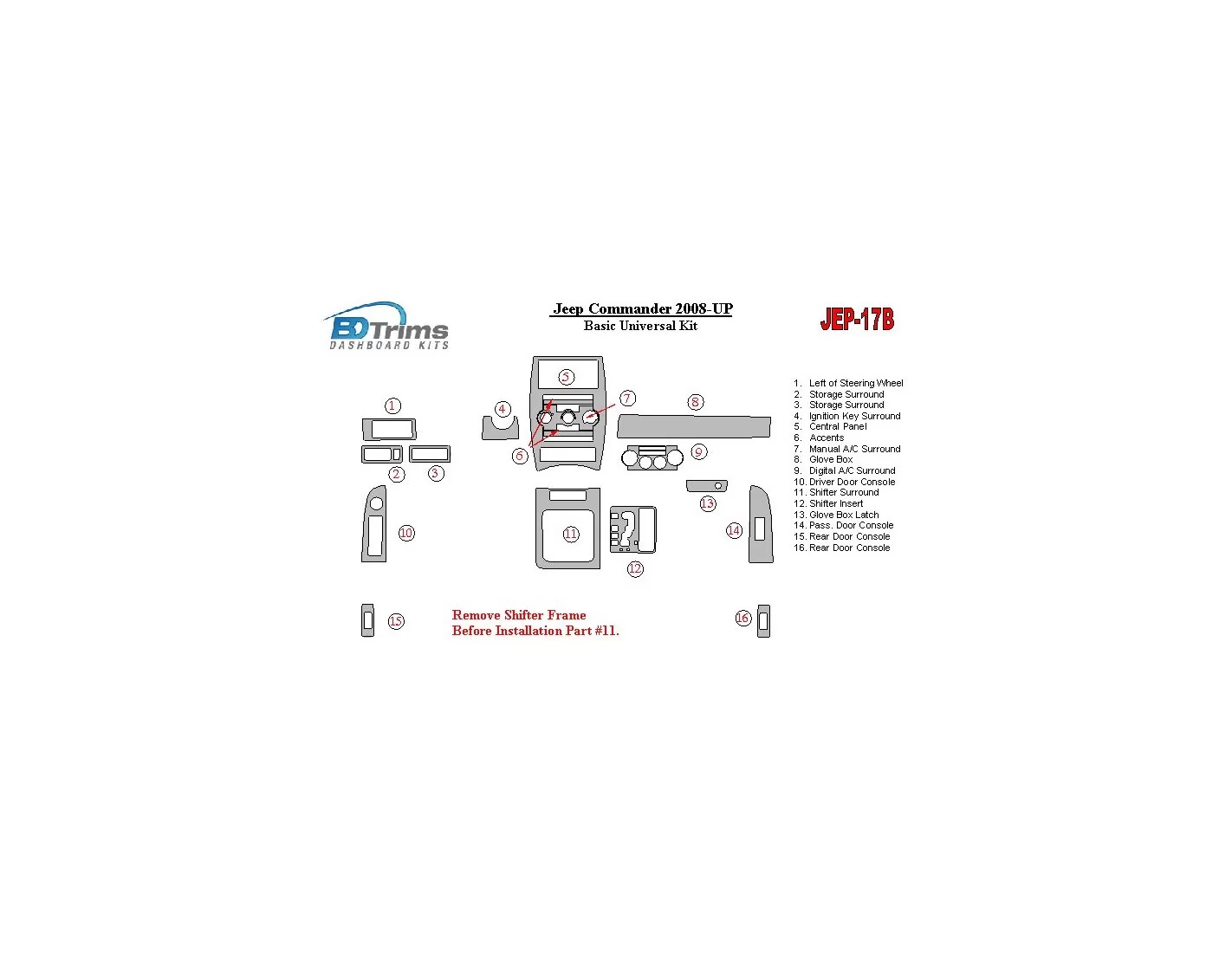 Jeep Commander 2008-UP Basic Universal Kit BD Kit la décoration du tableau de bord - 1 - habillage decor de tableau de bord