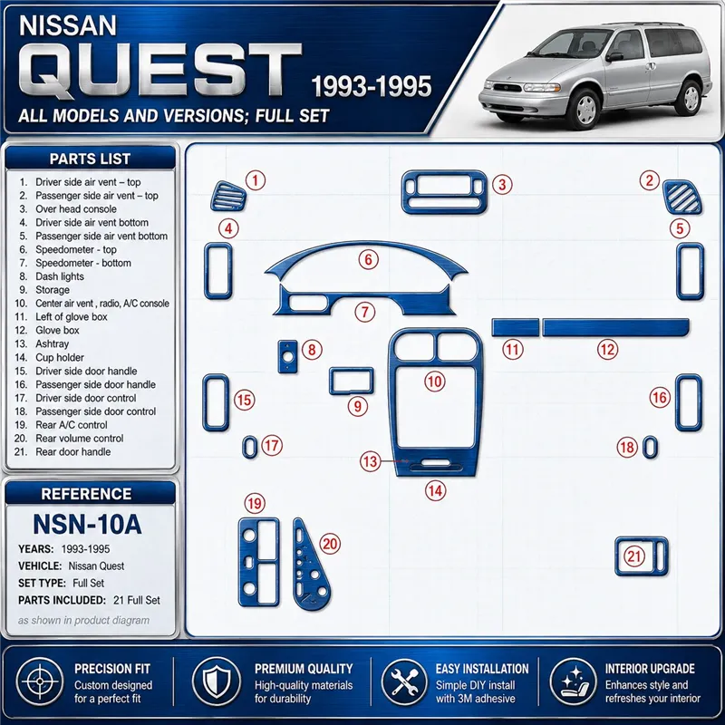 Nissan Quest 1993-1995 Full Set, 21 delen set interieur dashboard decoratieset dashboard decor
