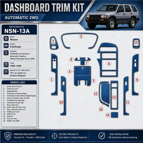 Nissan Pathfinder 1996-1999 Auto Gear, Without Message Center, 2WD, 16 piezas set kit de molduras interiores para salpicadero