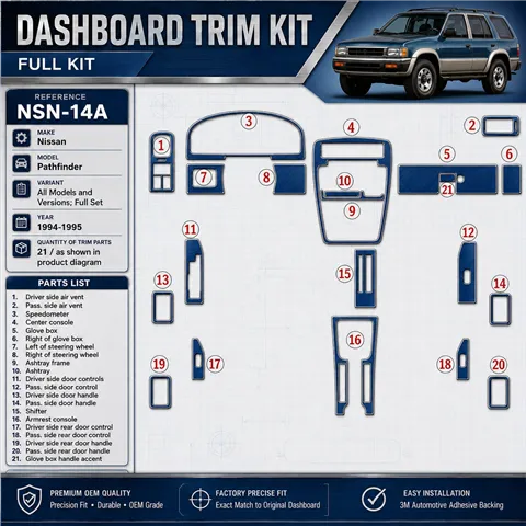 Nissan Pathfinder 1994-1995 Full Set, 21 Parts set Interior Dashboard Trim Kit Dash Trim Dekor