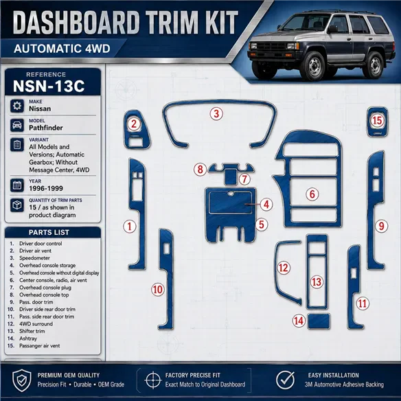 Nissan Pathfinder 1996-1999 Auto Gear, Without Message Center, 4WD, 15 Parts set Interior Dashboard Trim Kit Dash Trim Dekor
