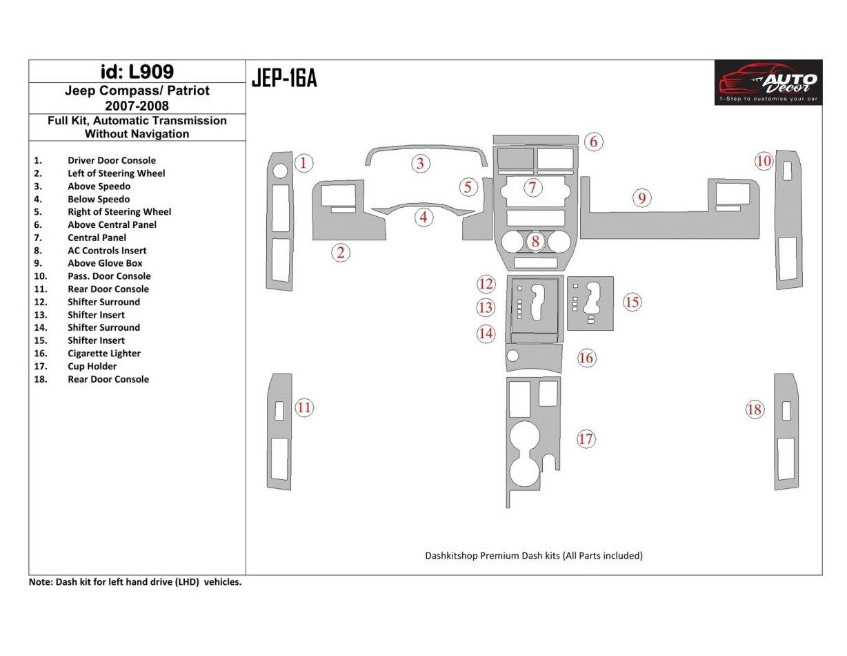 Jeep Compass 2007-2008 Voll Satz, Automatic Gear, Without NAVI BD innenausstattung armaturendekor cockpit dekor - 1- Cockpit Dek