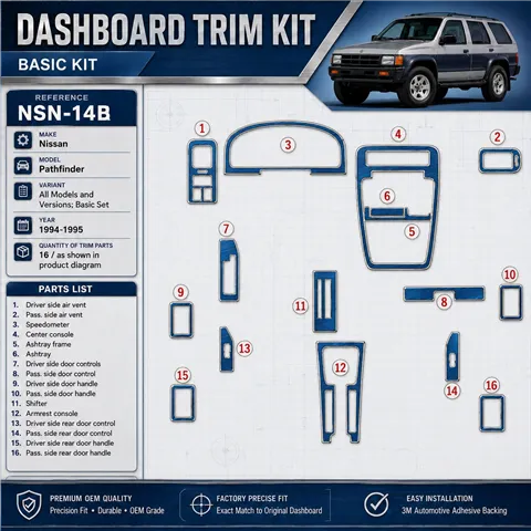Nissan Pathfinder 1994-1995 kit de base, 16 pièces kit décoration intérieure tableau de bord