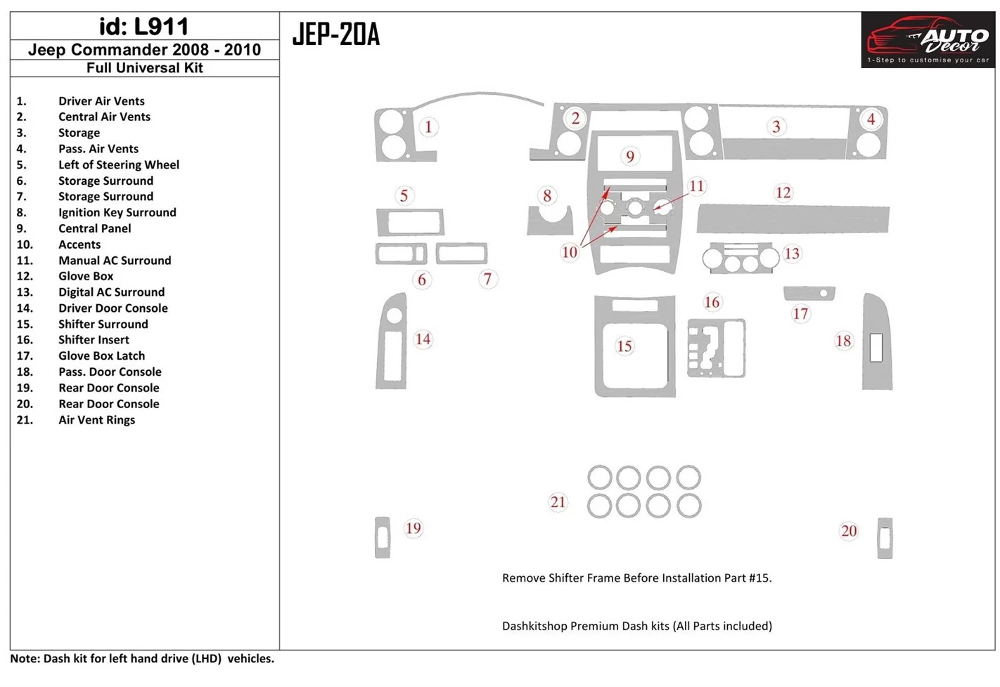 Jeep Compass 2009-UP Full Set, With Auto-stick mission Interior BD Dash Trim Kit