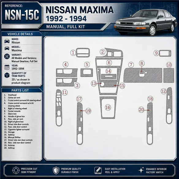 Nissan Maxima 1992-1994 Manual Gearbox, Full Set, 20 delen set interieur dashboard decoratieset dashboard decor