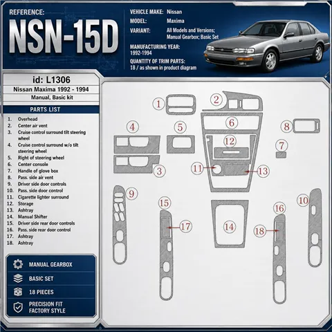 Nissan Maxima 1992-1994 Manual Gearbox, Basic Set, 18 Parts set Interior Dashboard Trim Kit Dash Trim Dekor
