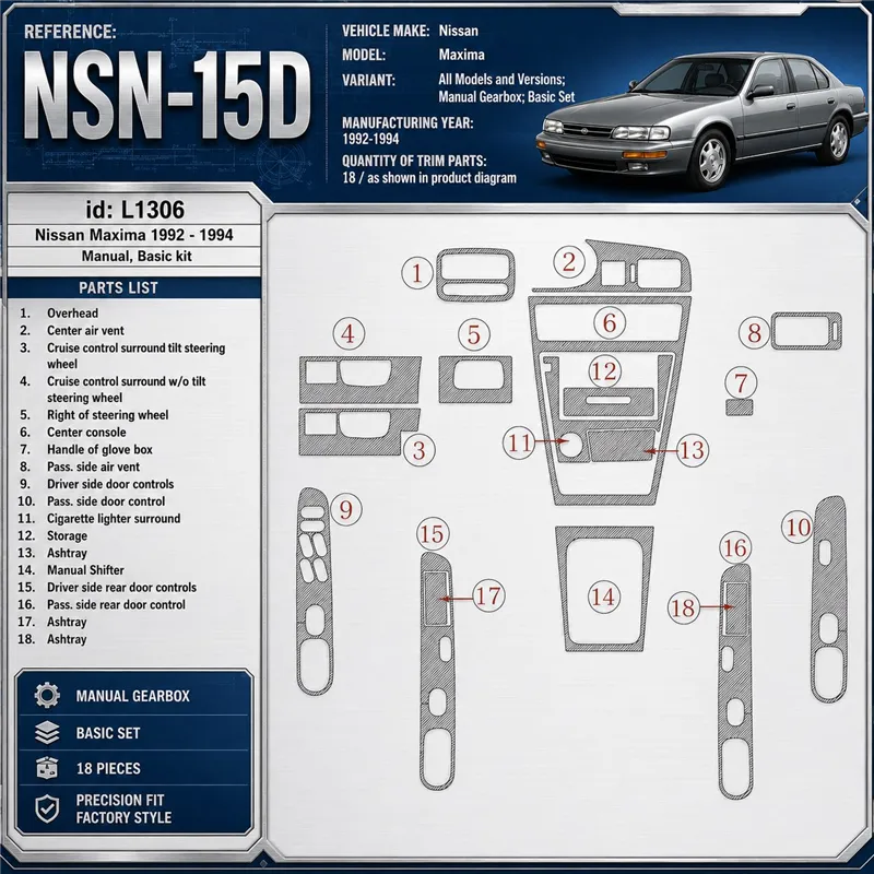 Nissan Maxima 1992-1994 Manual Gearbox, Basic Set, 18 Parts set Interior Dashboard Trim Kit Dash Trim Dekor