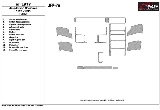 Jeep Grand Cherokee 1992-1995 Full Set, 13 Parts set Cruscotto BD Rivestimenti interni