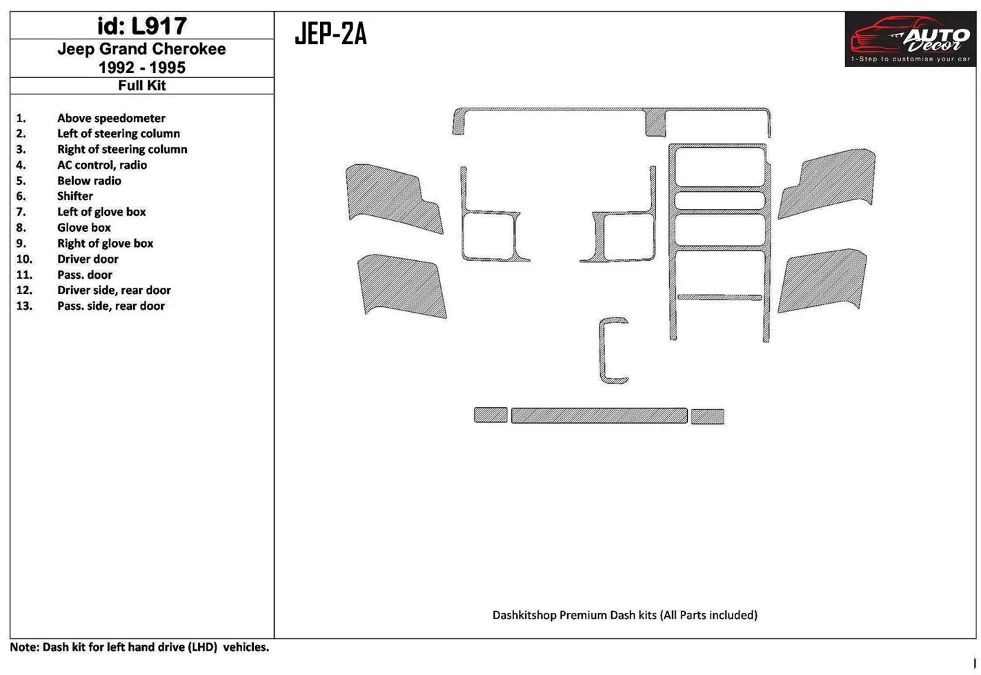 Jeep Grand Cherokee 1992-1995 Full Set, 13 Parts set Interior BD Dash Trim Kit