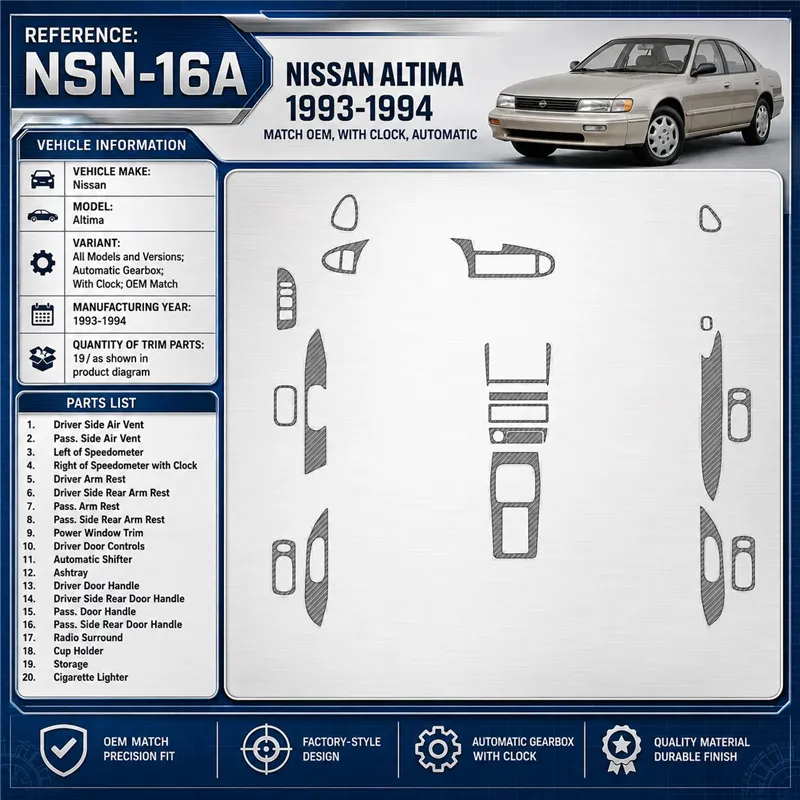 Nissan Altima 1993-1994 Automatic Gearbox, With watches, OEM Match, 19 delen set interieur dashboard decoratieset dashboard deco
