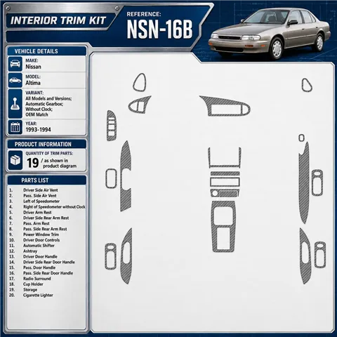 Nissan Altima 1993-1994 cambio automatico; senza watches; OEM Match kit rivestimento cruscotto e interni 3D 19 pezzi