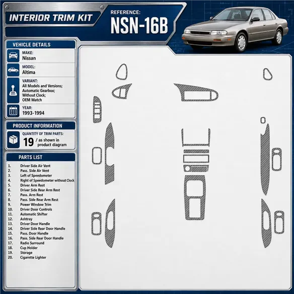 Nissan Altima 1993-1994 caja automática, Without watches, OEM Match, 19 piezas set kit de molduras interiores para salpicadero