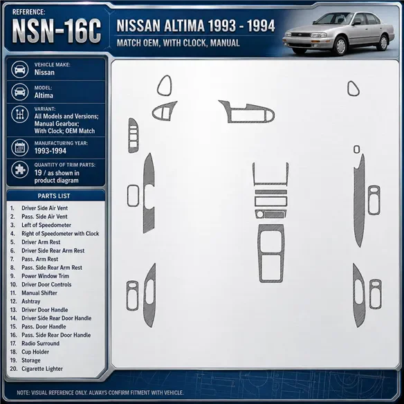 Nissan Altima 1993-1994 Manual Gearbox, With watches, OEM Match, 19 delen set interieur dashboard decoratieset dashboard decor