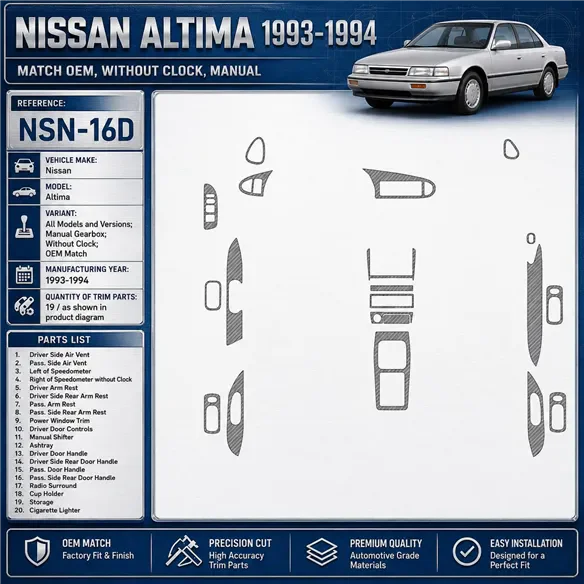 Nissan Altima 1993-1994 Manual Gearbox, Without watches, OEM Match, 19 Parts set Interior Dashboard Trim Kit Dash Trim Dekor