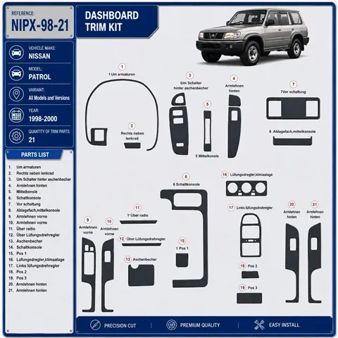 Nissan Patrol 1998-2000 kit 3D de molduras interiores para salpicadero 21 piezas