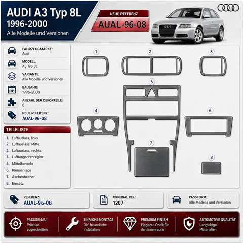 Audi A3 Typ 8L 1996-2000 kit 3D de molduras interiores para salpicadero 8 piezas