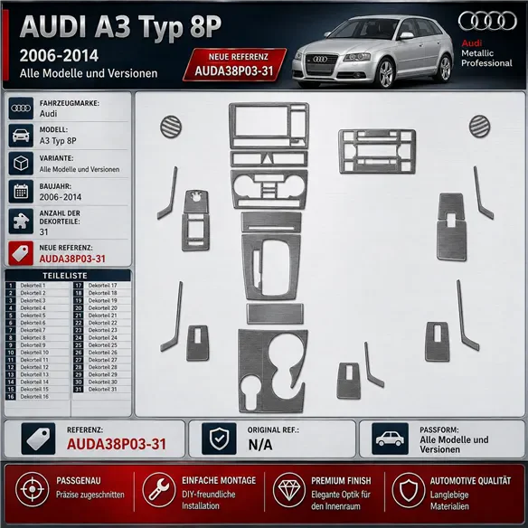 Audi A3 Typ 8P 2006-2014 kit 3D de molduras interiores para salpicadero 31 piezas