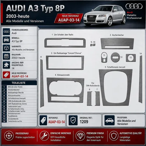 Audi A3 Typ 8P 2003-Actualidad kit 3D de molduras interiores para salpicadero 14 piezas