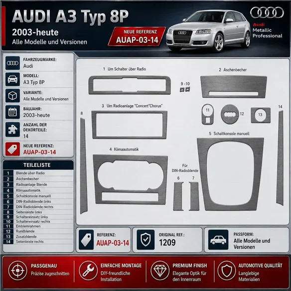 Audi A3 Typ 8P 2003-heden 3D interieur dashboard decoratieset dashboard decor 14-delen