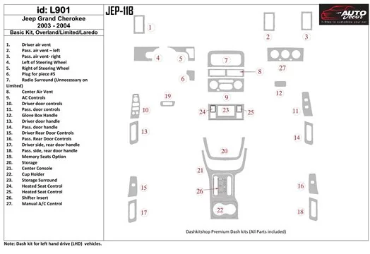 Jeep Grand Cherokee 2003-2004 Basic Set, Overland, Limited, Laredo Interior BD Dash Trim Kit