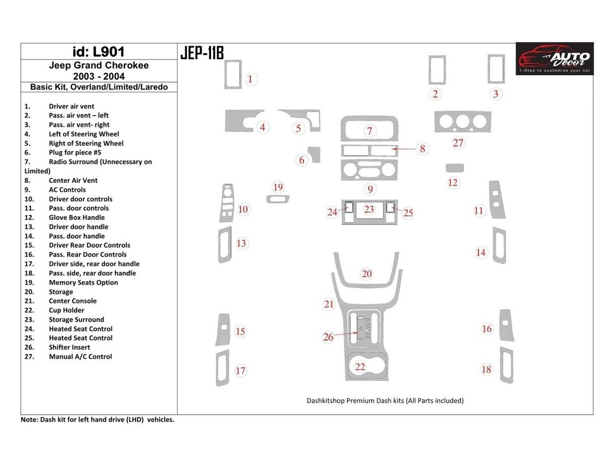 Jeep Grand Cherokee 2003-2004 Basic Set, Overland, Limited, Laredo Cruscotto BD Rivestimenti interni