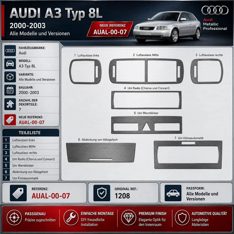 Audi A3 Typ 8L 2000-2003 3D interieur dashboard decoratieset dashboard decor 7-delen