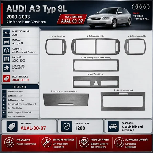 Audi A3 Typ 8L 2000-2003 3D interieur dashboard decoratieset dashboard decor 7-delen