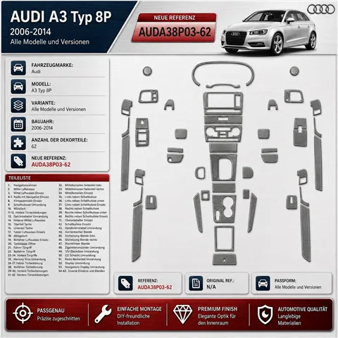 Audi A3 Typ 8P 2006-2014 3D interieur dashboard decoratieset dashboard decor 62-delen