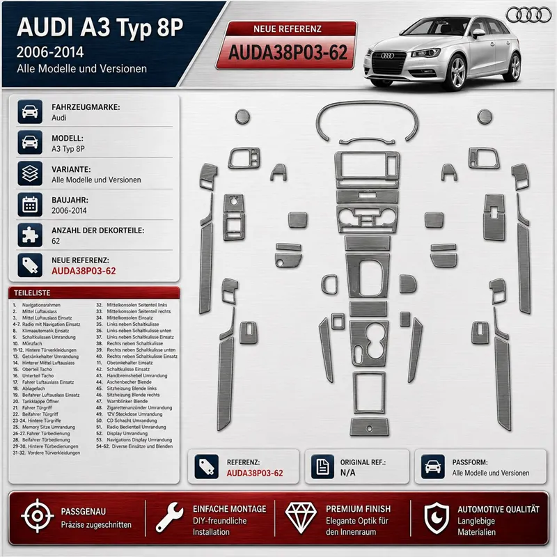 Audi A3 Typ 8P 2006-2014 3D Interior Dashboard Trim Kit Dash Trim Dekor 62-Parts