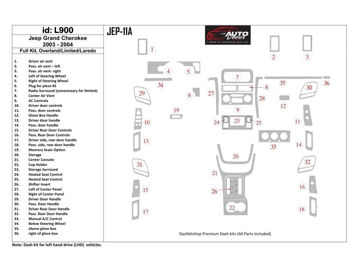 Jeep Grand Cherokee 2003-2004 Full Set, Overland, Limited, Laredo Decor de carlinga su interior