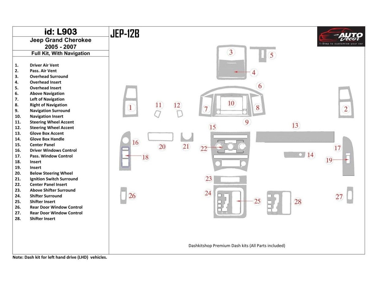 Jeep Grand Cherokee 2005-2007 Full Set, With NAVI Interior BD Dash Trim Kit