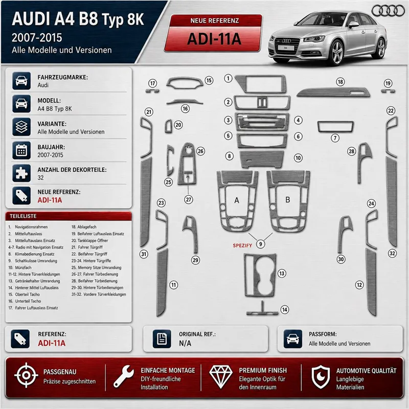 Audi A4 B8 Typ 8K 2007-2015 3D interieur dashboard decoratieset dashboard decor 32-delen