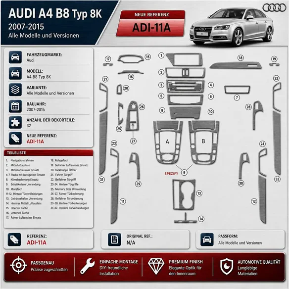 Audi A4 B8 Typ 8K 2007-2015 kit 3D de molduras interiores para salpicadero 32 piezas