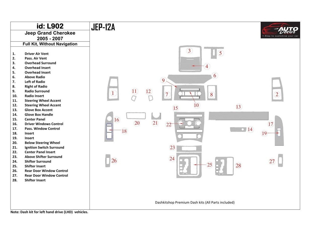 Jeep Grand Cherokee 2005-2007 Ensemble Complet, Sans NAVI BD Kit la décoration du tableau de bord - 1 - habillage decor de table