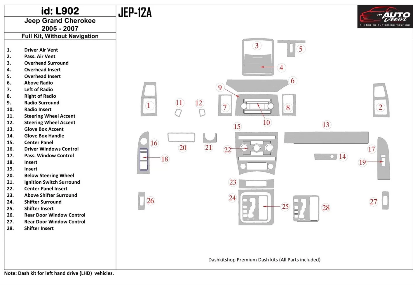 Jeep Grand Cherokee 2005-2007 Full Set, Without NAVI Interior BD Dash Trim Kit