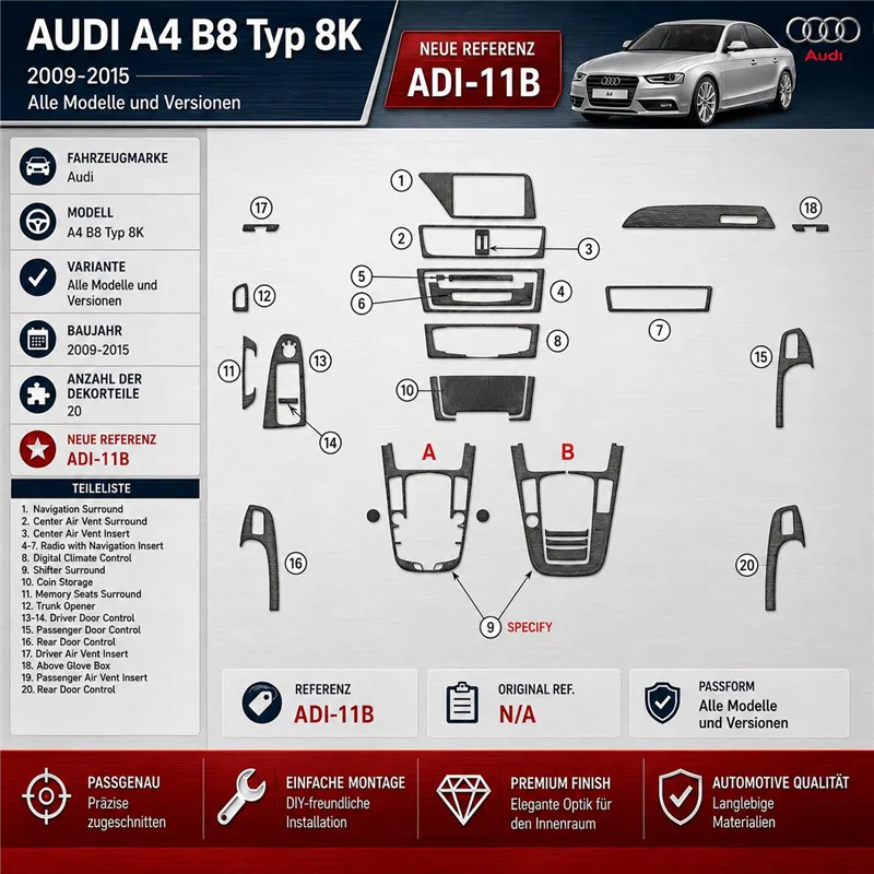 Audi A4 B8 Typ 8K 2009-2015 3D kit décoration intérieure tableau de bord 20 pièces