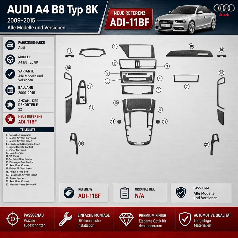Audi A4 B8 Typ 8K 2009-2015 kit 3D de molduras interiores para salpicadero 22 piezas